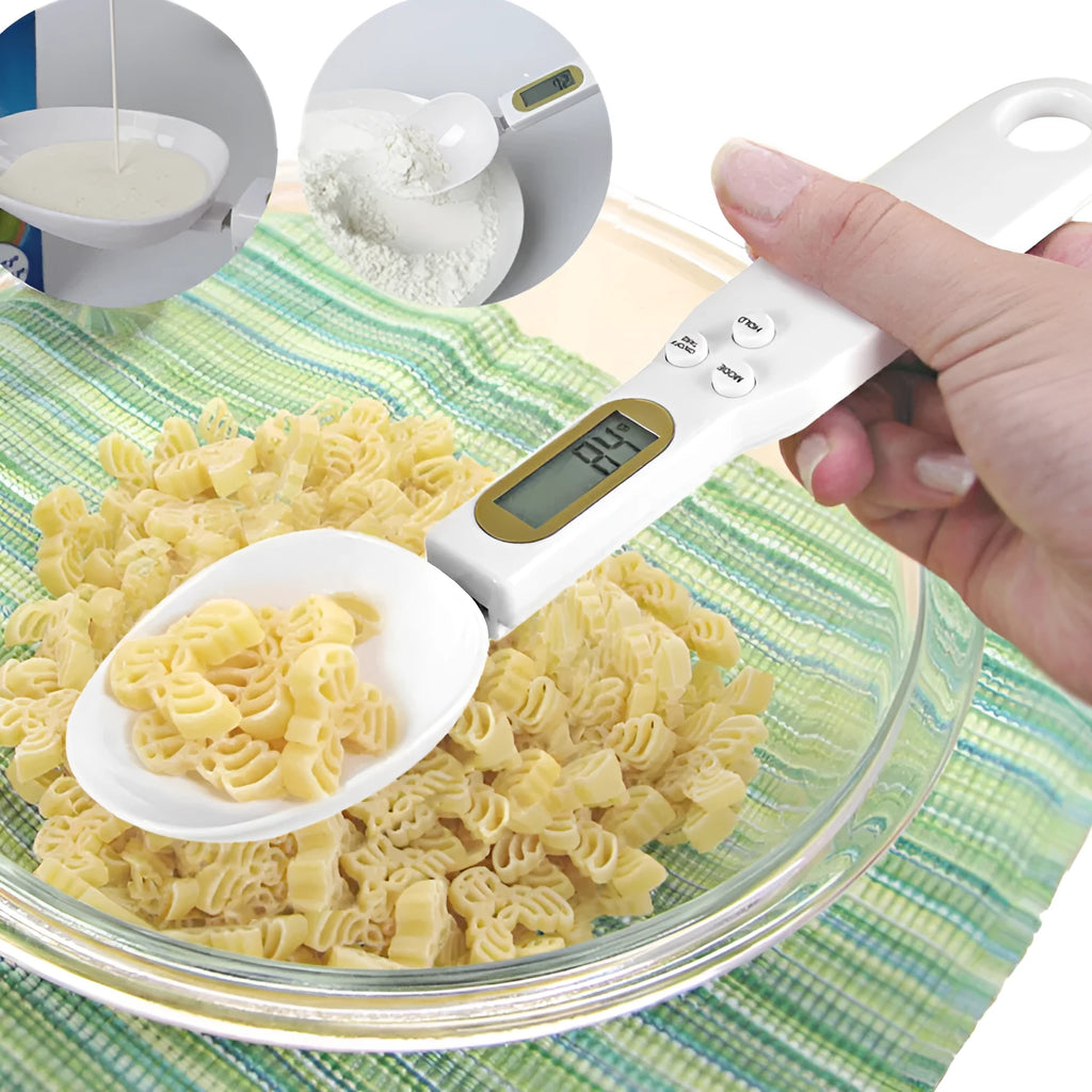 White digital kitchen spoon scale with LCD display showing weight measurement