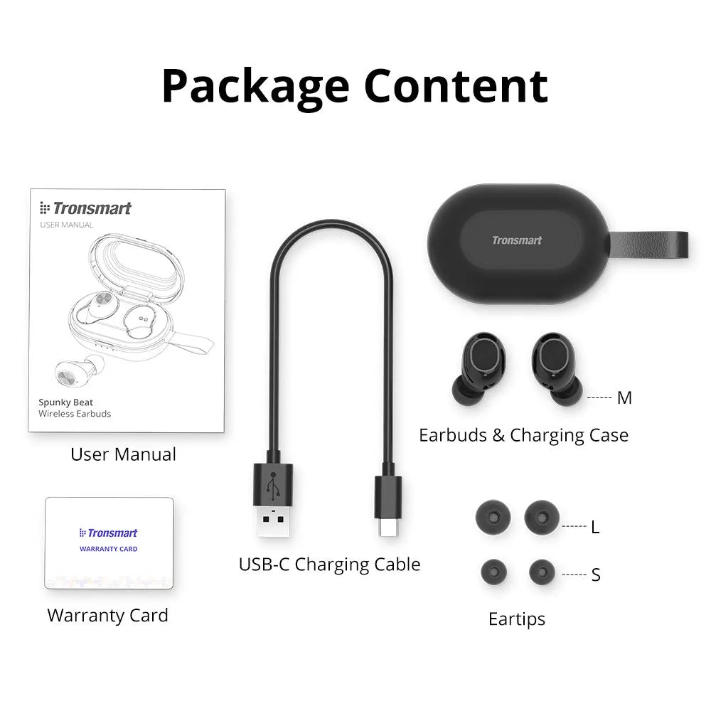 Tronsmart Spunky Beat wireless Bluetooth earphones with in-line controls and charging case.