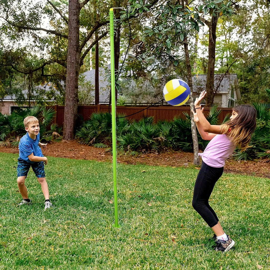 Single tennis trainer with rope, rotating racket, 161cm iron pole, base type or ground plug, ball with string.