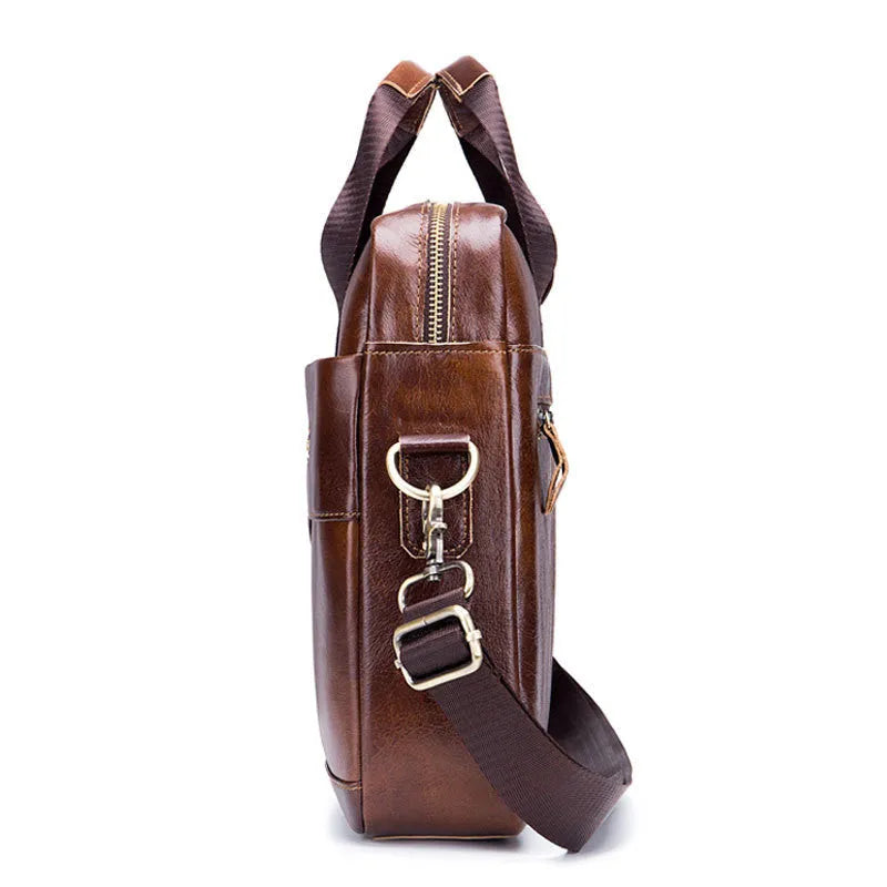 First layer cowhide leather messenger bag 14 inch multifunctional briefcase in black colour with printed casual style