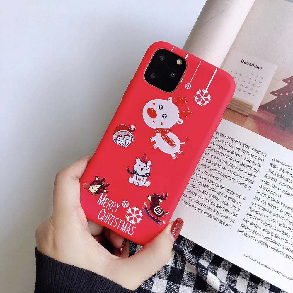 Christmas red frosted TPU phone case with cartoon animal and floral design for iPhone