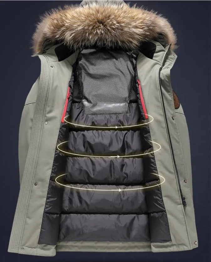 Men's hooded down jacket trench coat in black, white duck down filling, medium length polyester coat
