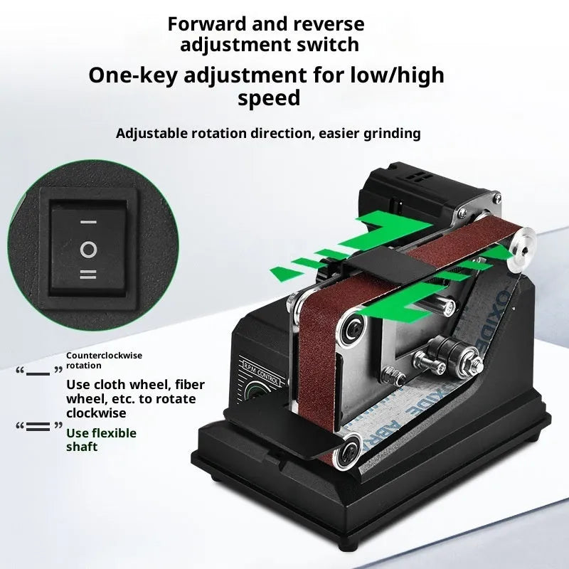 Small miniature desktop electric belt sander with variable speed, adjustable grinding bracket, and 10 abrasive belt, 110V US plug