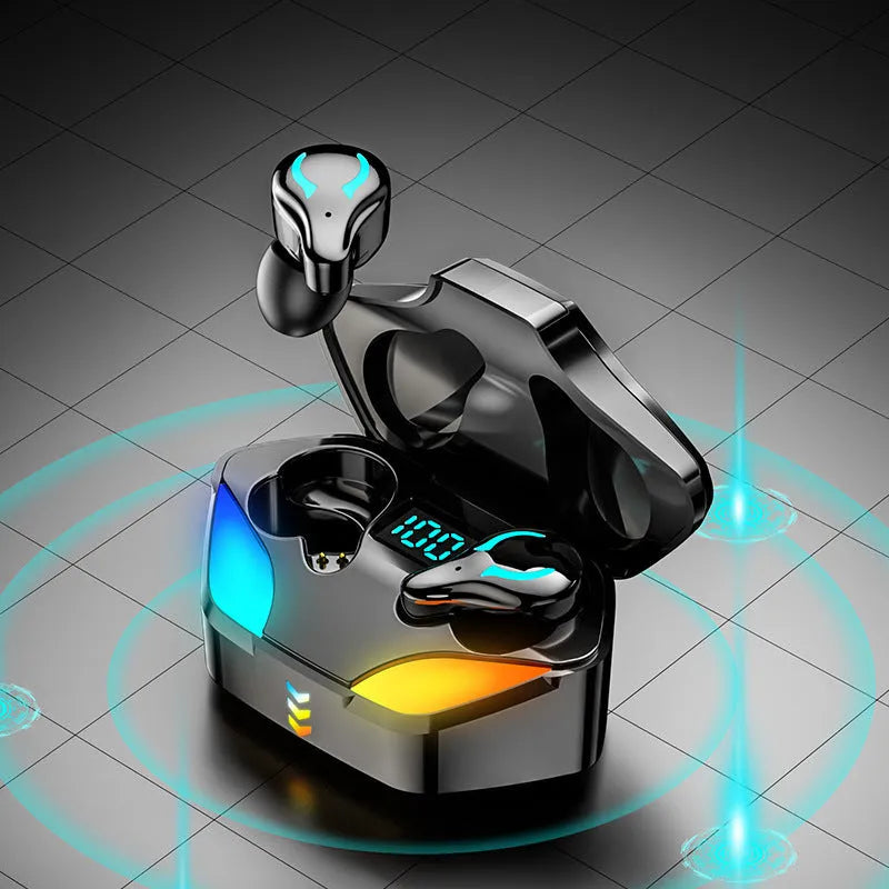 Black in-ear Bluetooth gaming headset for e-sports with zero audio delay.