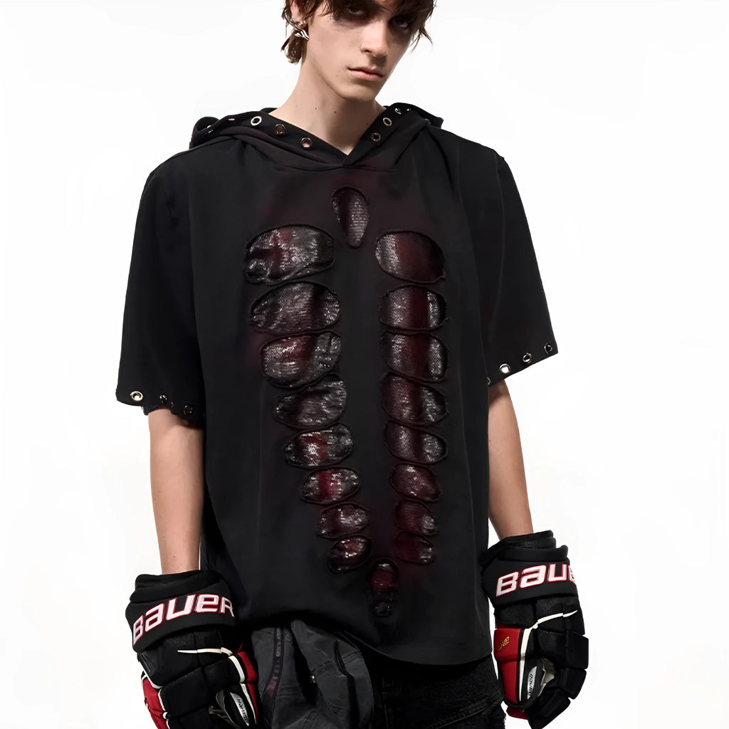 Black men's loose-fit T-shirt with short sleeves, a hood, and sequin graphic detail.