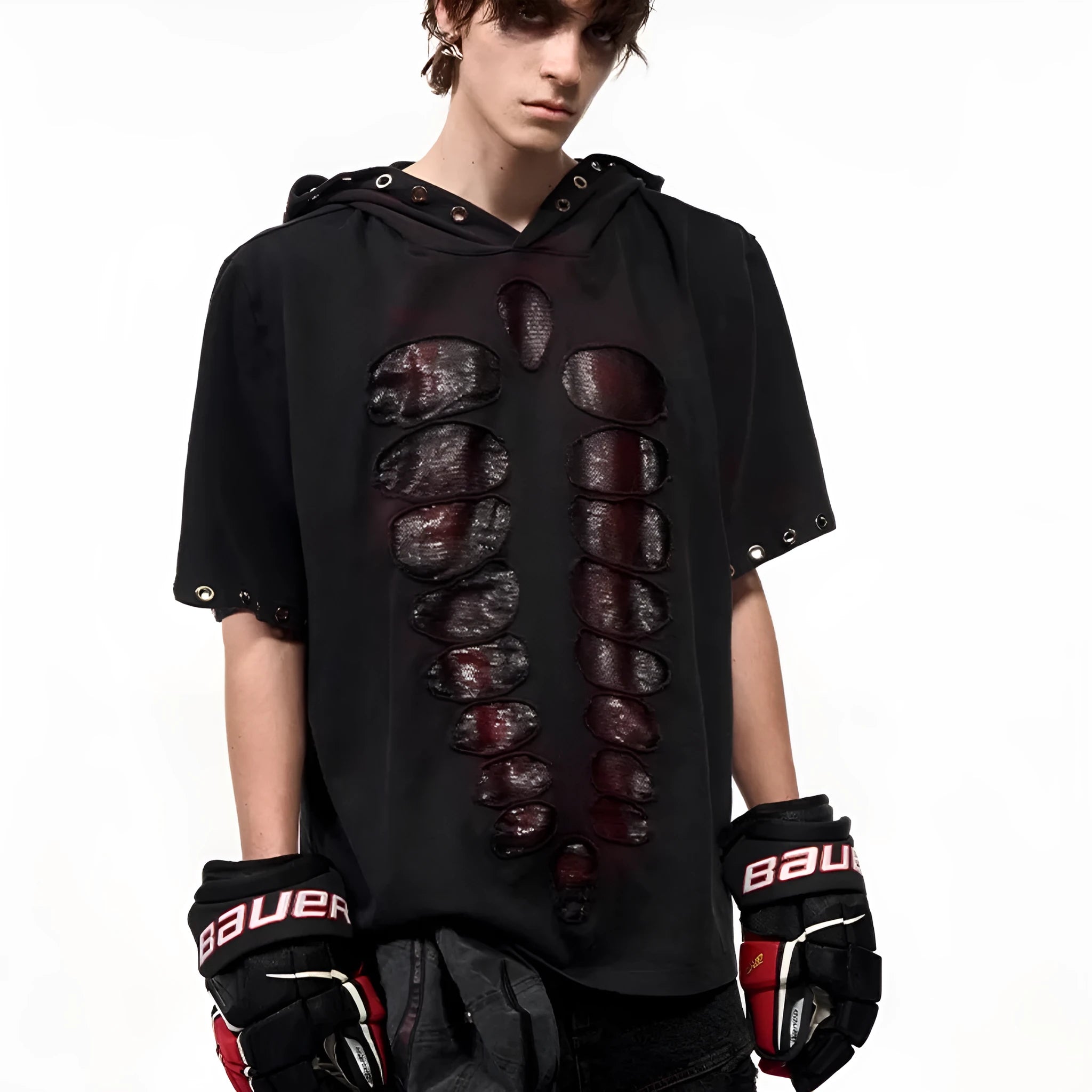 Black men's loose-fit T-shirt with short sleeves, a hood, and sequin graphic detail.