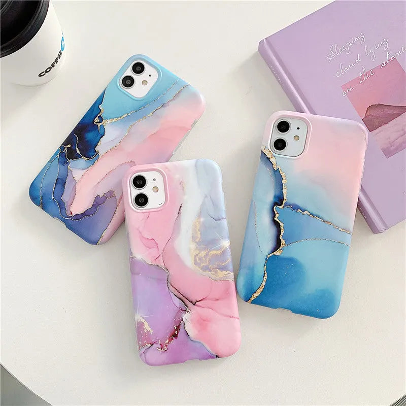 Marble pattern iPhone case with cartoon elements in multiple colour options for 11, 12, X, 7/8 models