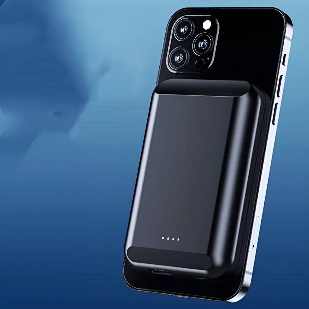 Magnetic wireless power bank showing five colour options: black, blue, green, pink, and white
