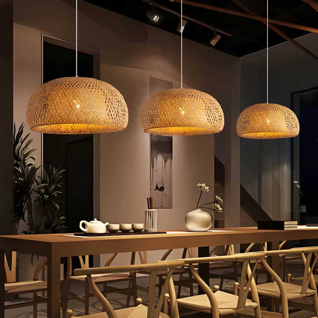 Brown woven bamboo chandelier with natural bamboo shade, 180 by 300 mm, E27 pendant light