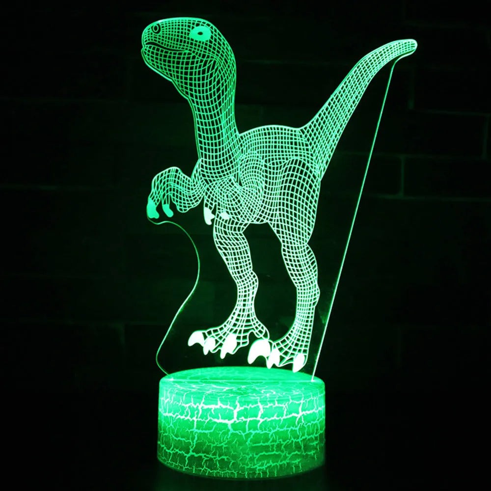 Colourful dinosaur-shaped 3D night light with touch controls on a black ABS base.