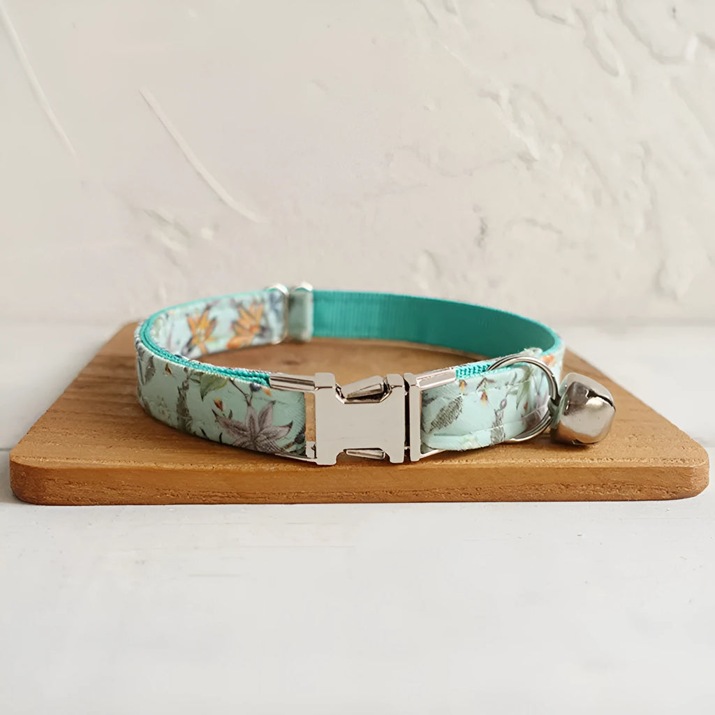 Adjustable green cloth webbing pet collar with buckle closure for dogs and cats