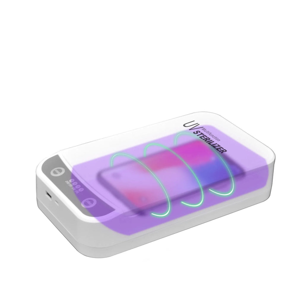 UV disinfection box for mobile phones with USB ports, showing internal compartment.