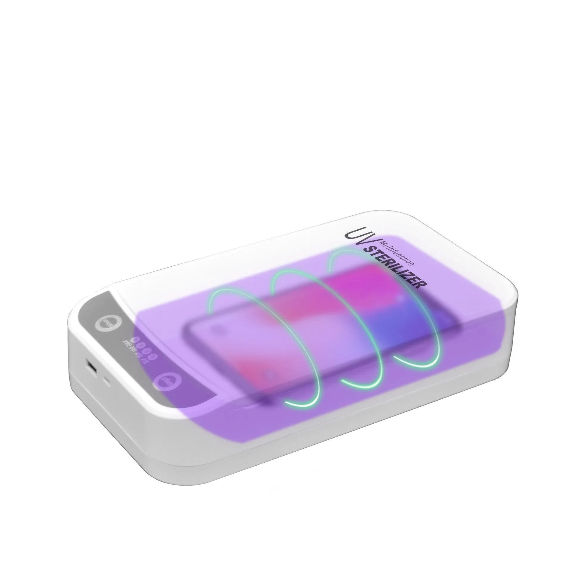 UV disinfection box for mobile phones with USB ports, showing internal compartment.