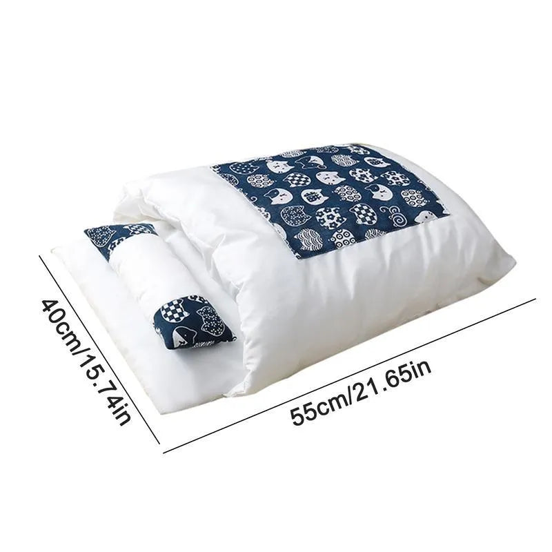 Grey enclosed cat bed house with a removable red inner sleeping bag and pillow, shown in a large size.