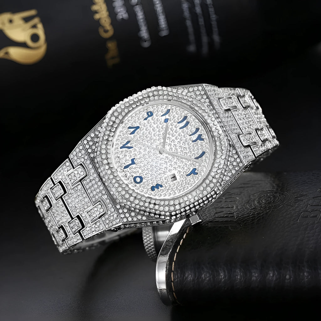 Men's hip hop full diamond Arabic scale quartz watch with 12mm thickness, stainless steel butterfly buckle and gold plated strap