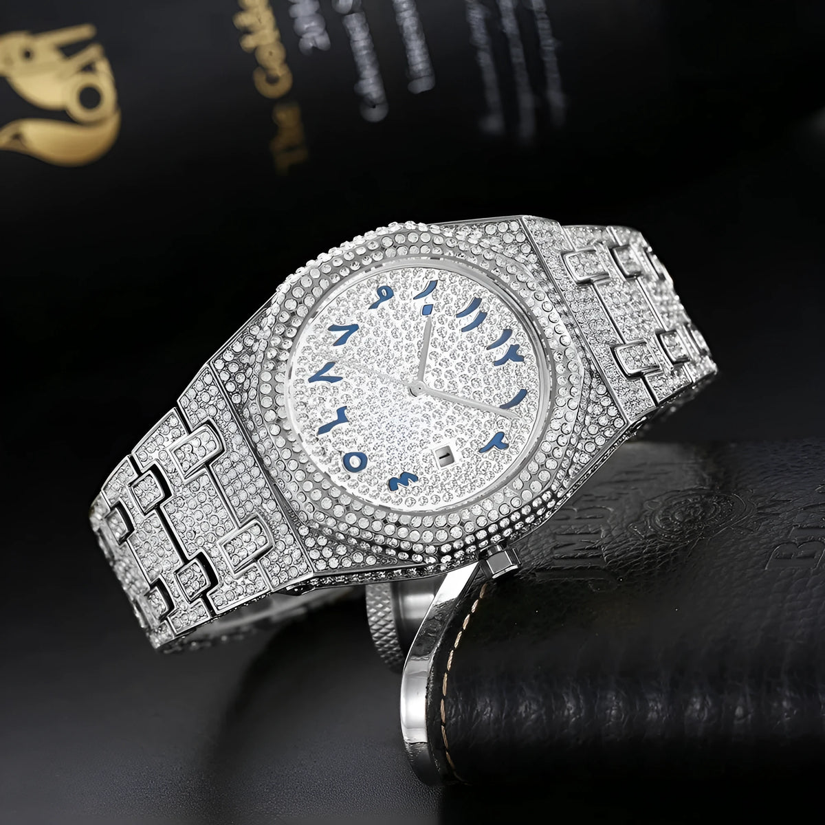 Men's hip hop full diamond Arabic scale quartz watch with 12mm thickness, stainless steel butterfly buckle and gold plated strap