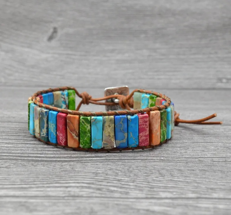 Hand-woven leather bracelet with agate stone, 17cm adjustable button-to-knot ethnic style bracelet