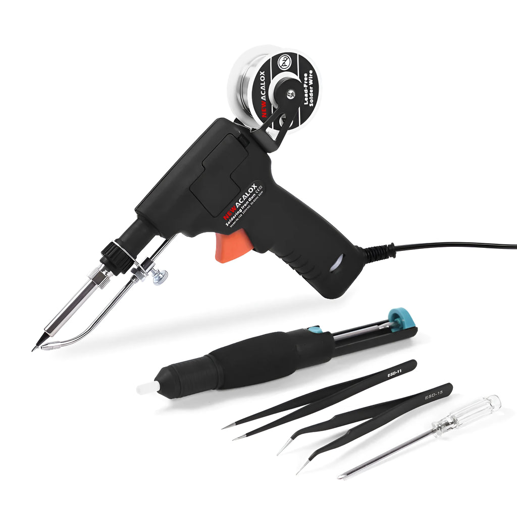 60W manual soldering iron with alloy tip and ABS black handle on a workbench