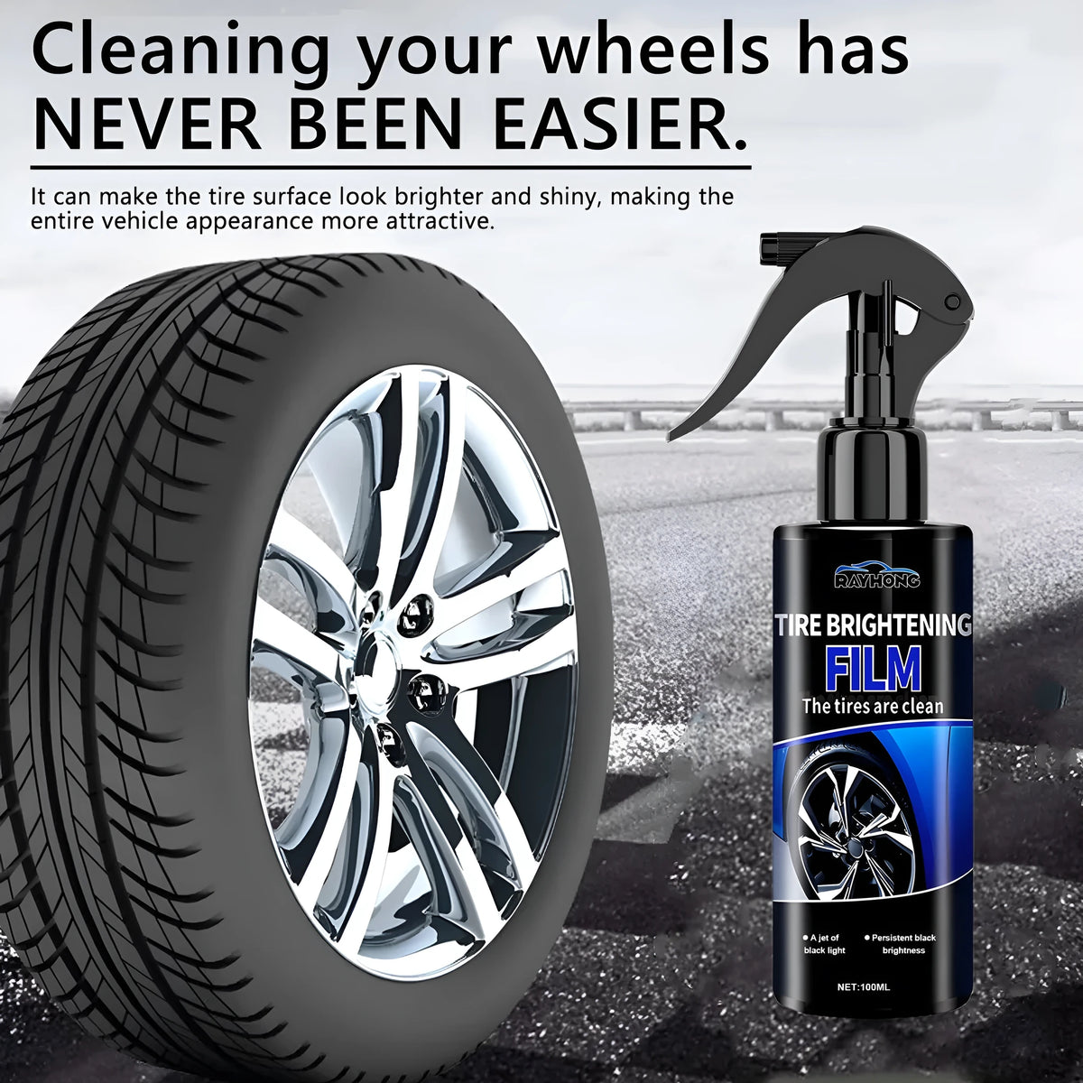 Car tyre spray paint 100ml bottle with cleaning agent for wheel refurbishment and polishing
