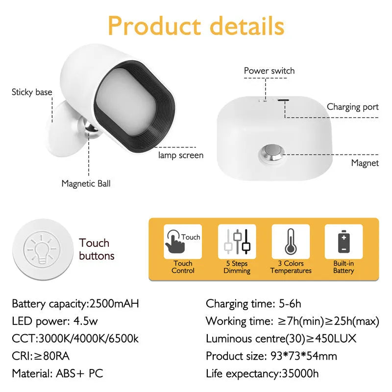 White remote control magnetic wall lamp showing touch panel and adhesive mounting.