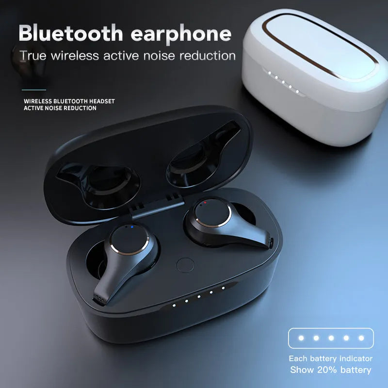 Black and white ANC Active Noise Cancelling Bluetooth headset with earplug design