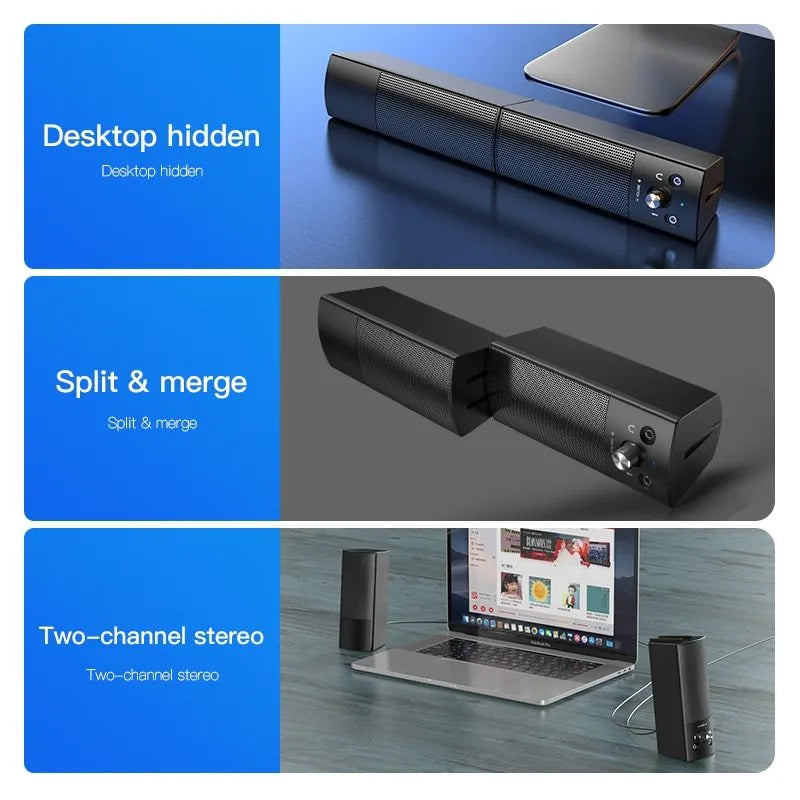 Small phantom black Bluetooth speaker subwoofer with dual speakers and microphone on a desk