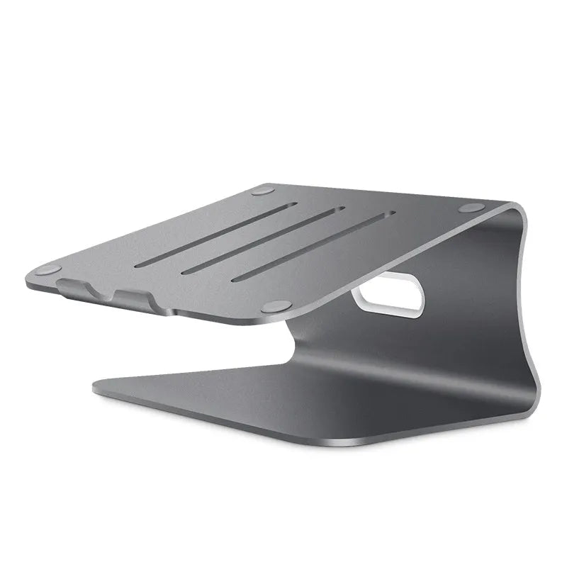 Silver aluminium laptop cooling stand with striped texture and 360-degree rotating base on a wooden desk.