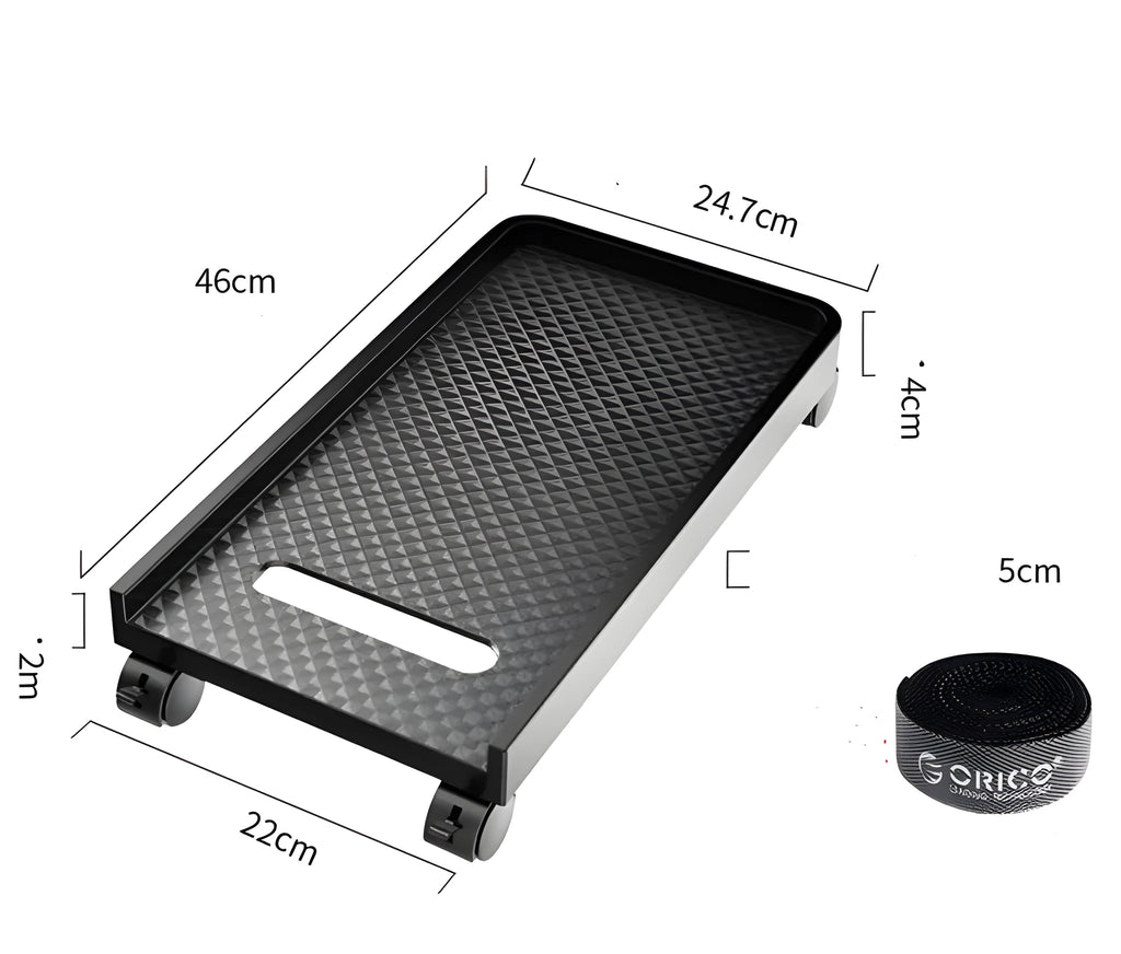 Orico black metal desktop computer CPU floor stand with wheels and three-sided baffle on a tiled floor