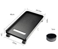 Orico black metal desktop computer CPU floor stand with wheels and three-sided baffle on a tiled floor