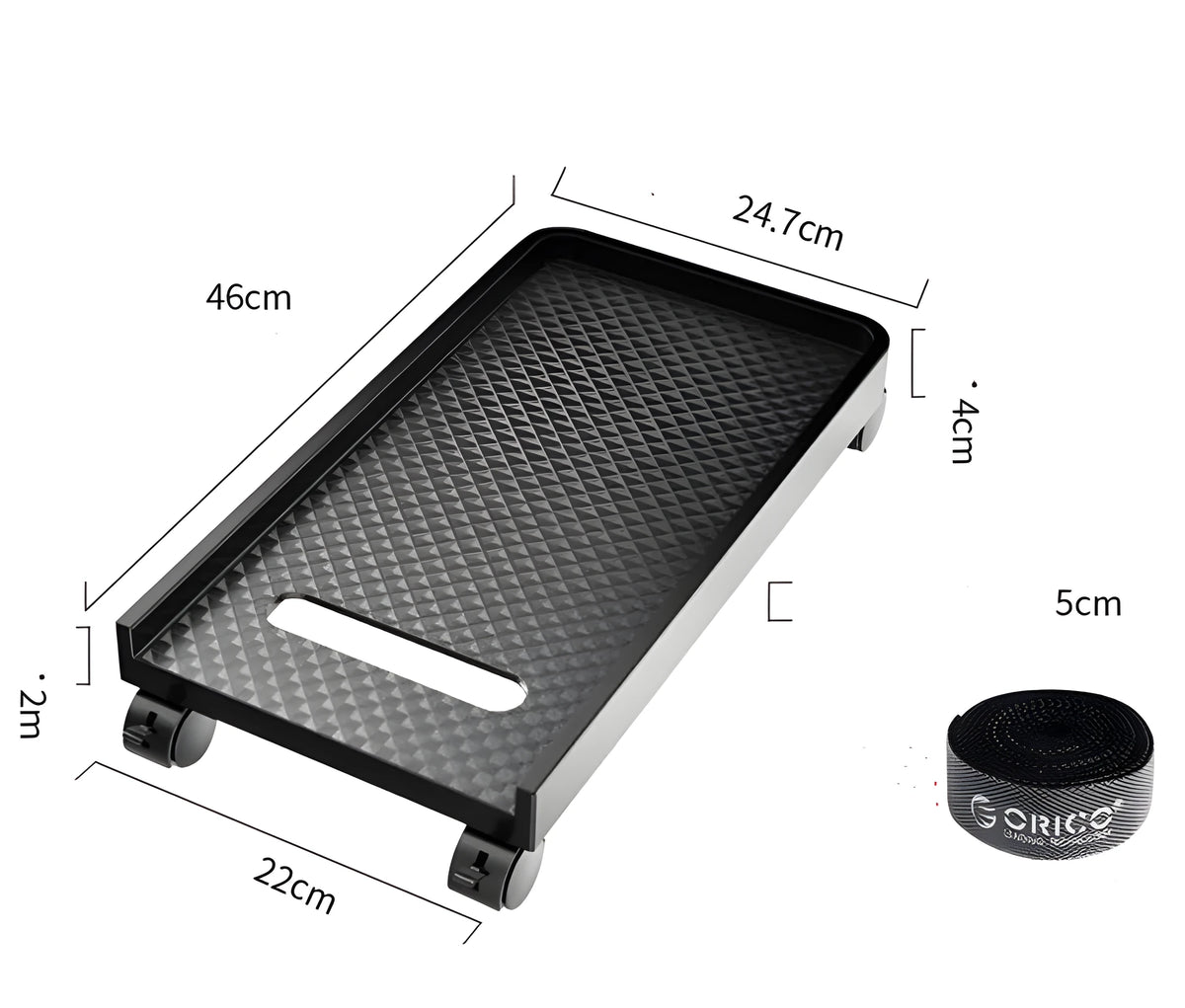 Orico black metal desktop computer CPU floor stand with wheels and three-sided baffle on a tiled floor