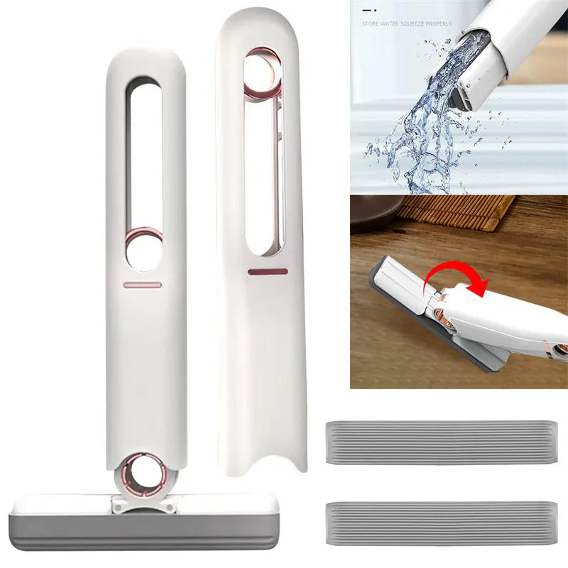 Mini plastic squeeze mop with a blue biodegradable cotton head and a push-pull dehydration ring on the handle.
