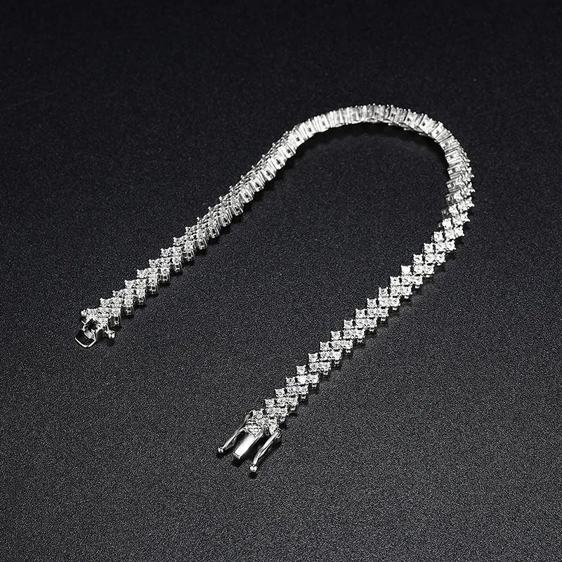 Silver plaid bracelet for women with moissanite stone on light background