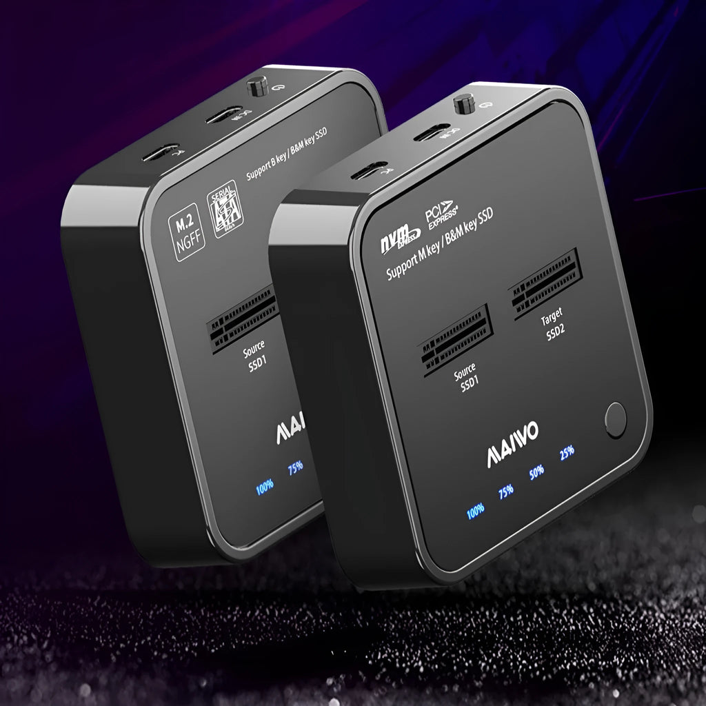 MAIWO K3016 M2 solid state drive cloner dock unit with USB-C cables and power adapter on a desk.