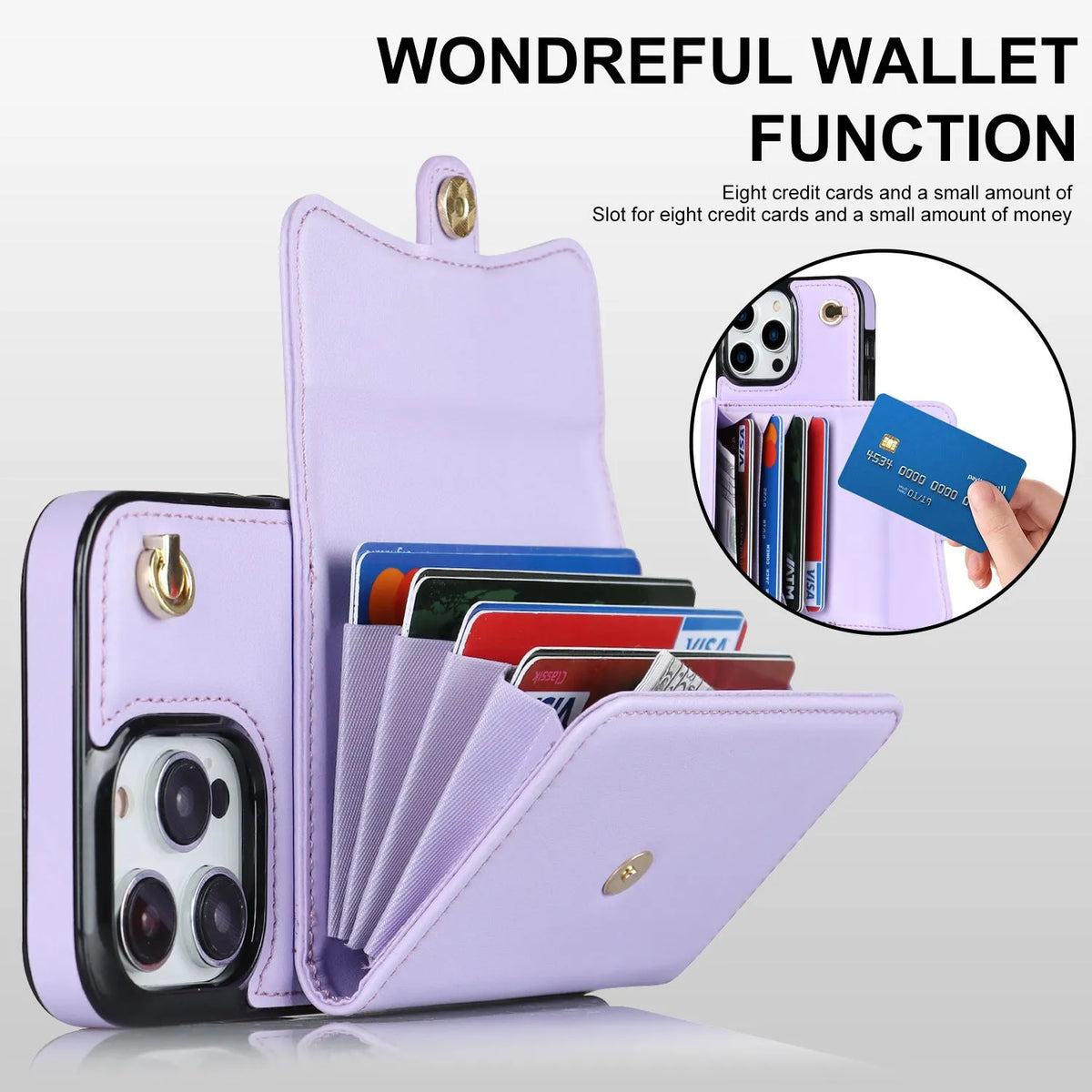 Crossbody faux leather iPhone phone case with card holder and shoulder strap, shown in black, rose gold, mint green, red, coffee and purple