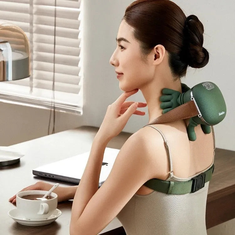 Cordless electric neck and shoulder massager in N7 moss green, with 4D kneading and heat