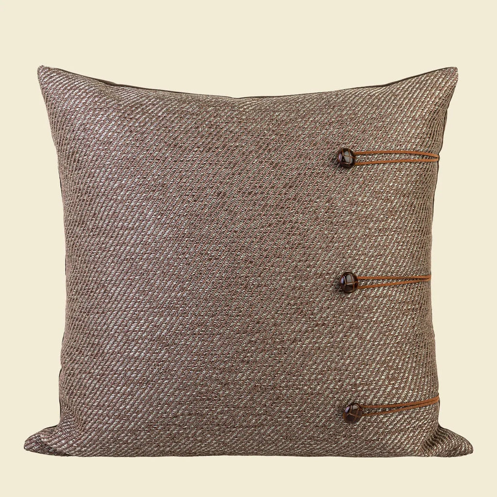 Chinese Ancient Style square pillow cushion on a sofa in a Maillard colour pattern.