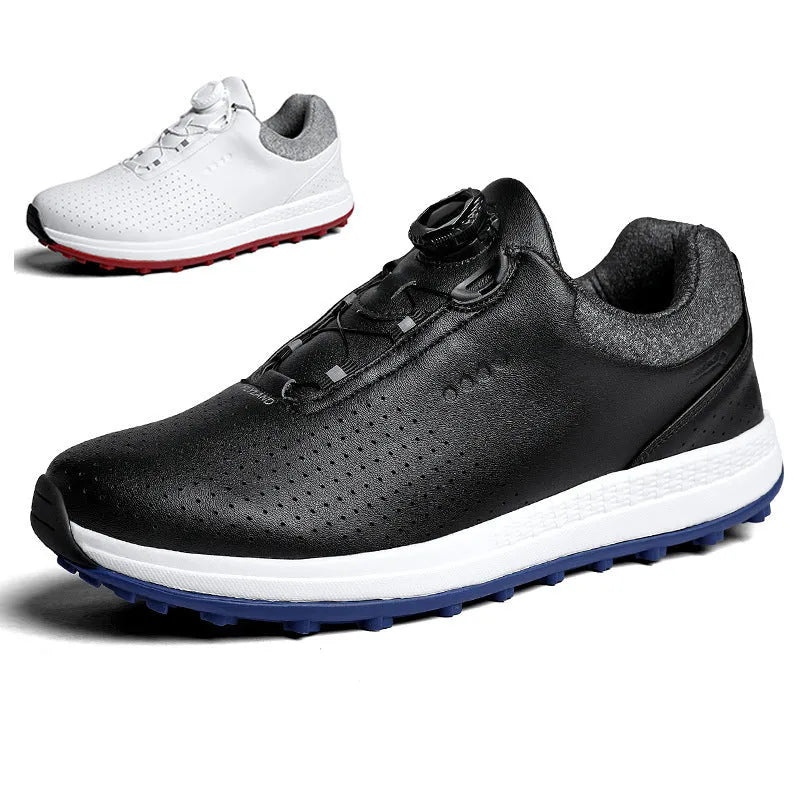 Men's white and black casual golf shoes with breathable hollow-out pattern and MD sole