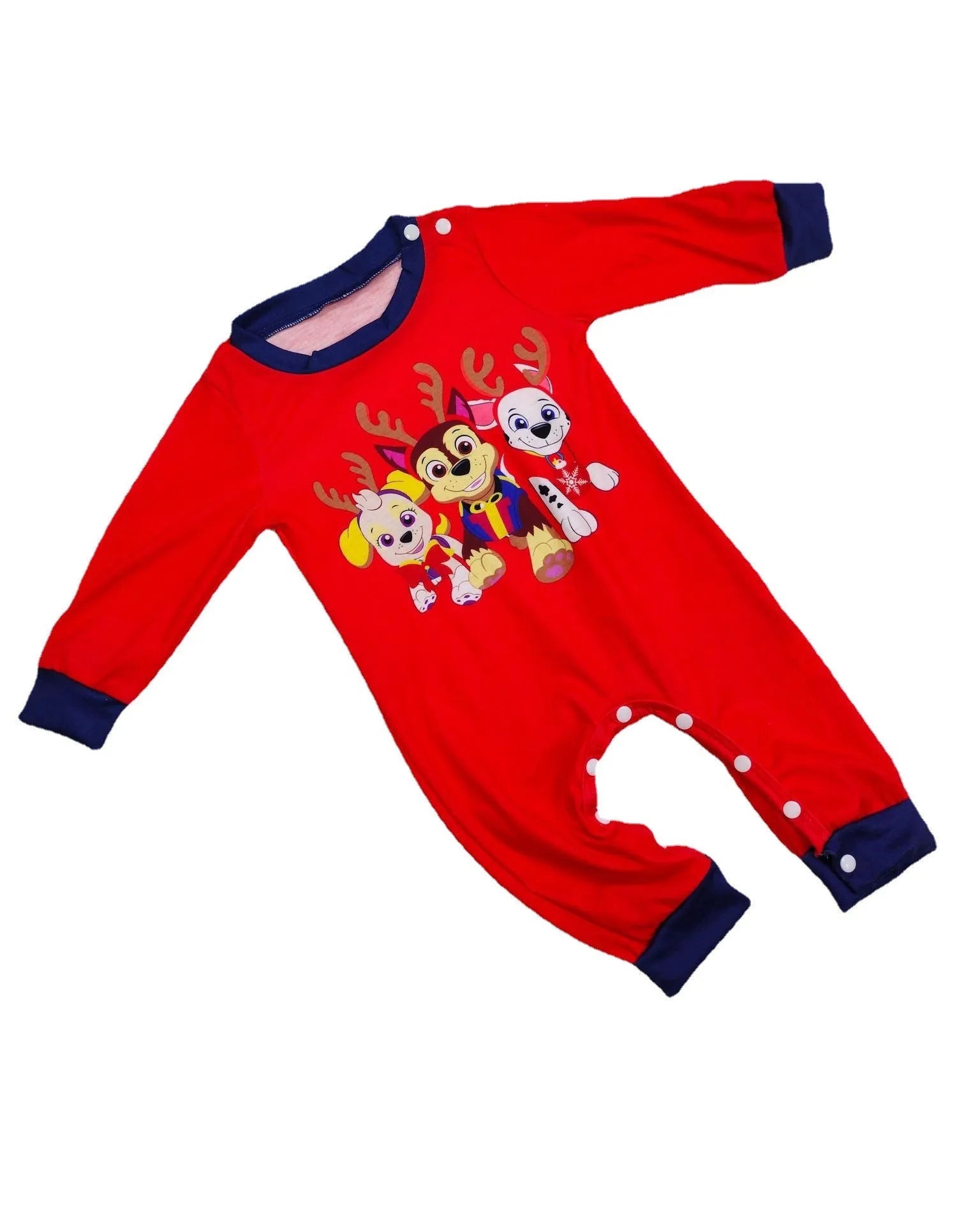 Matching family Christmas pyjamas set with plaid and deer print for adults, children, baby, and dog