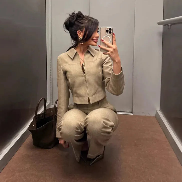 Women's herringbone pattern summer suit with 3D embroidery, jacket and trousers set