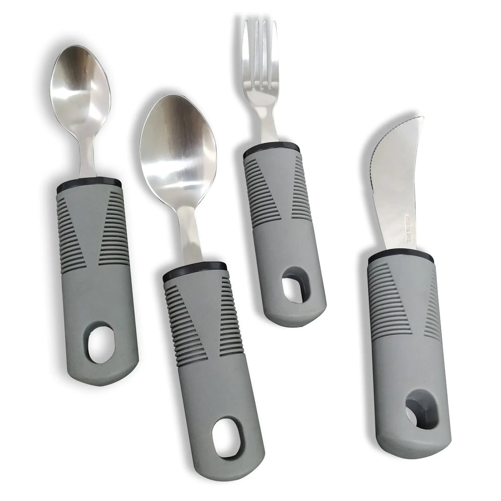 Stainless steel anti-shake cutlery with black rubberised handles, shown in a curved three-piece set.