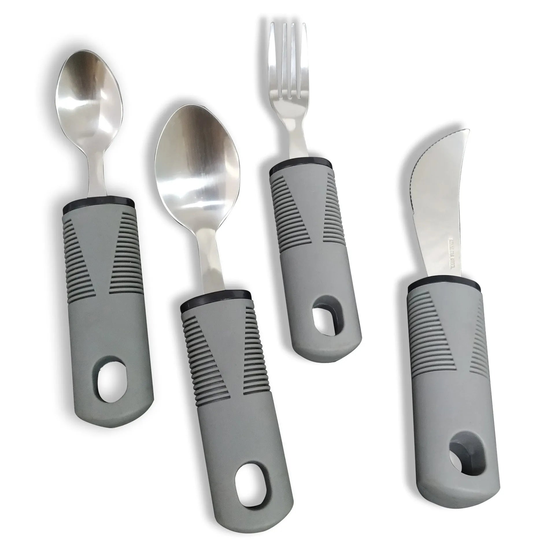 Stainless steel anti-shake cutlery with black rubberised handles, shown in a curved three-piece set.
