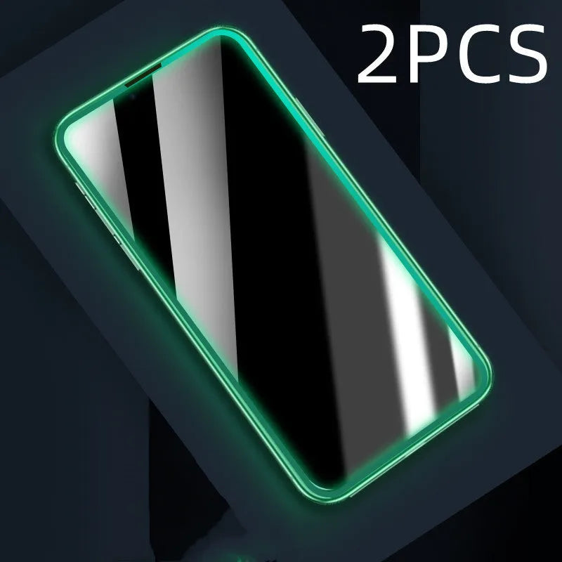 Tempered glass iPhone screen protector with luminous silicone soft edge, HD or privacy film, and locator