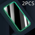 Tempered glass iPhone screen protector with luminous silicone soft edge, HD or privacy film, and locator