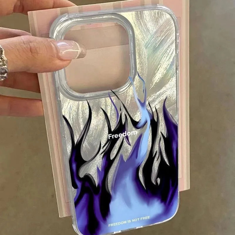 Silicone iPhone case featuring a red and blue floral flame design on a dark background.