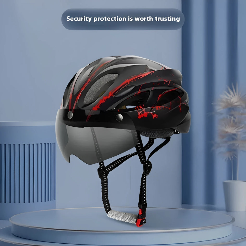Adult LED bicycle helmet in size L with EPS foam and PC shell construction showing integrated lighting system