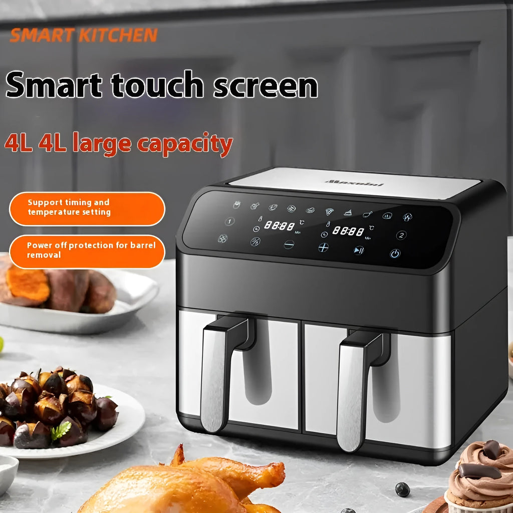 Stainless steel 8L double pot air fryer with UK plug, black controls and non-stick baskets on a kitchen counter