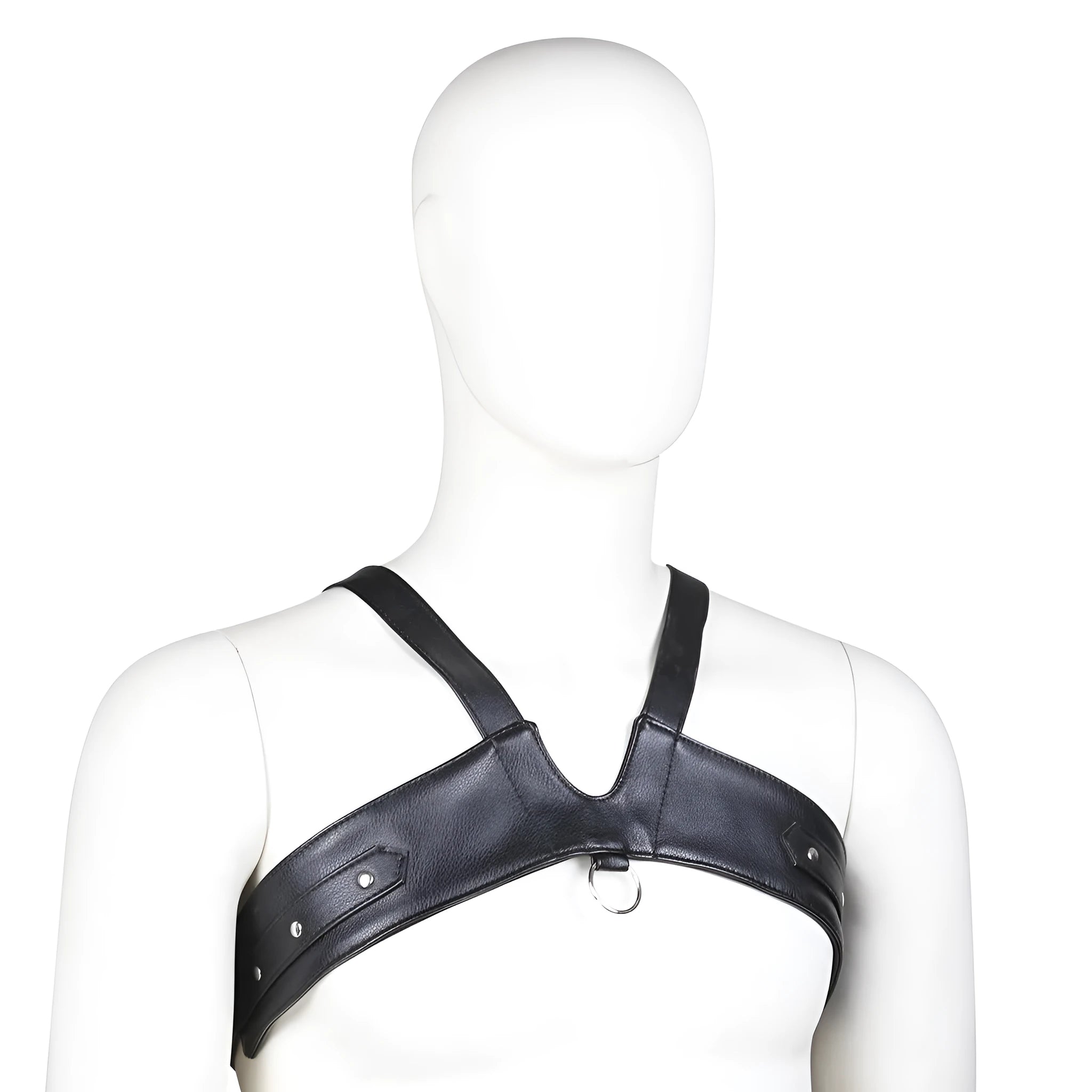 Black leather adjustable men's chest strap harness laid flat on a neutral background with adjustable fastener visible