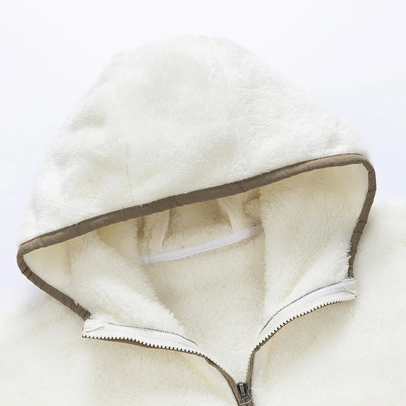 Winter coral fleece heavy velvet zipper cardigan pajama suit in gray with hood and long sleeves