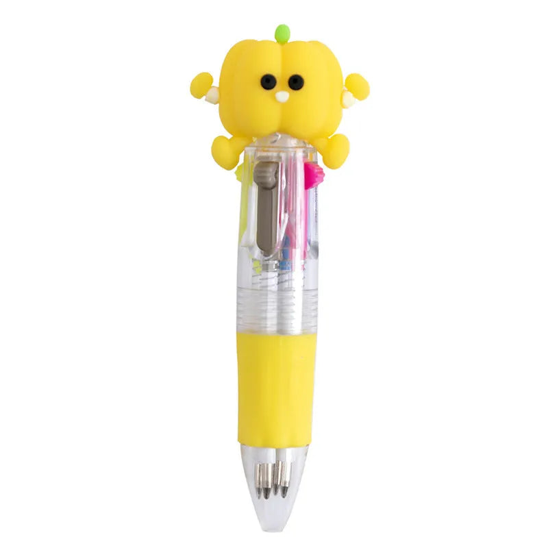 A four-colour press ballpoint pen with a random themed design on a plastic and silicone body.