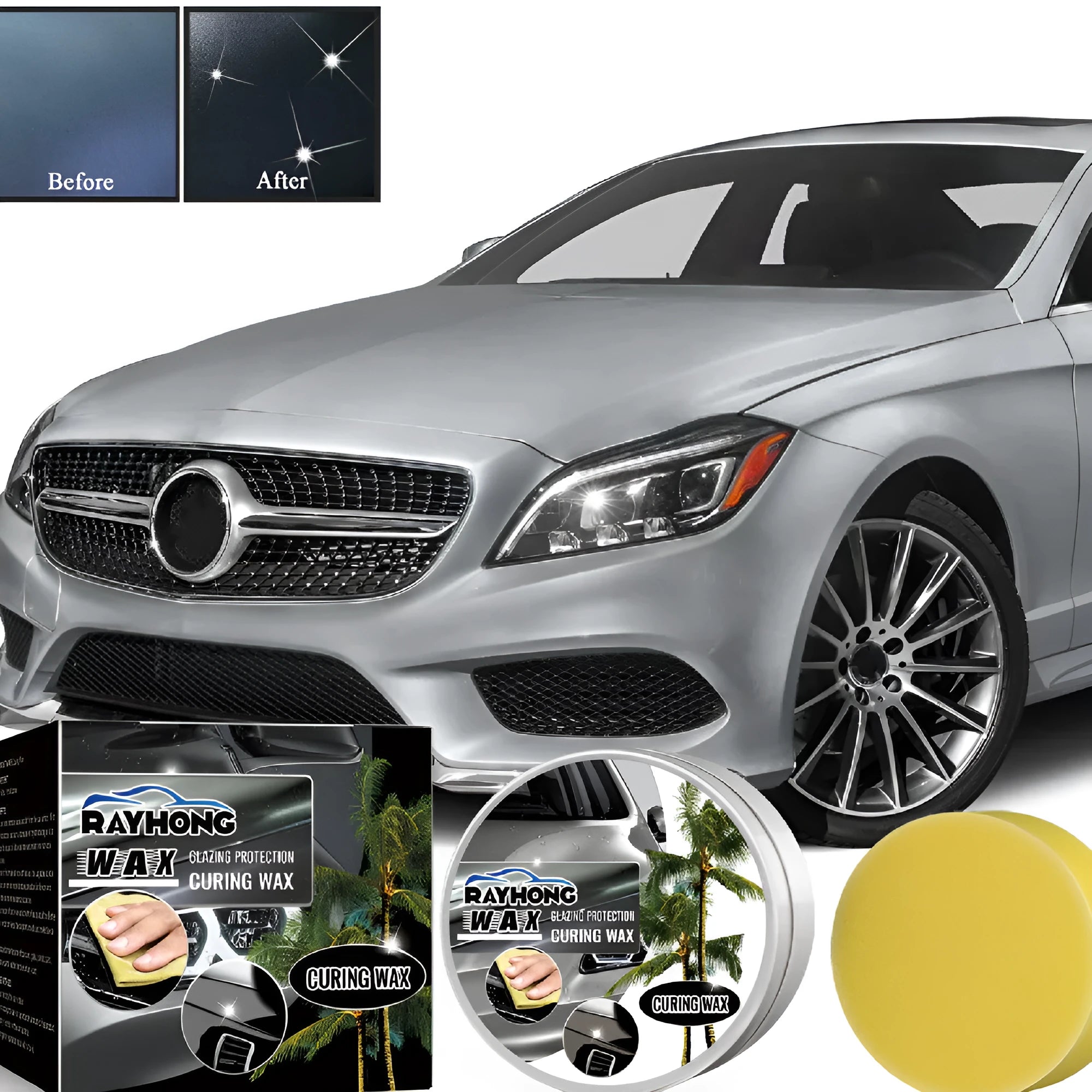 Car coating wax kit showing 100g tin and sponge applicator for vehicle paint protection